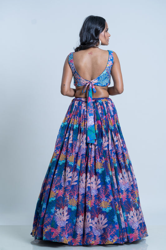 CORAL PRINTED LEHNGA WITH SILK HAND EMBROIDERED DUPATTA