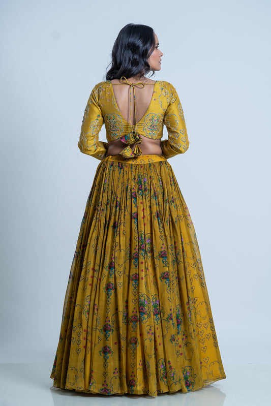 FLOWER PRINTED LEHNGA WITH SILK HAND EMBROIDERED DUPATTA