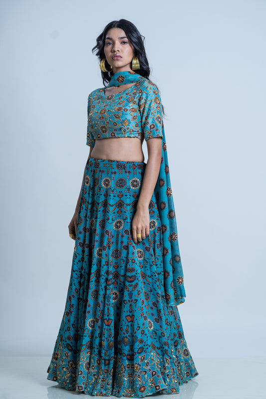 IZNIK PRINTED LEHNGA WITH SILK HAND EMBROIDERED DUPATTA