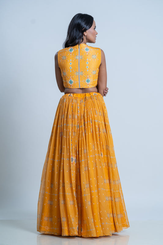 IKKAT PRINTED LEHNGA WITH SILK HAND EMBROIDERED DUPATTA