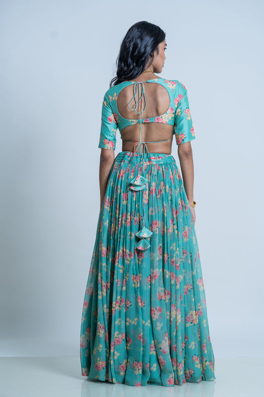 FLOWER PRINTED LEHNGA WITH SILK HAND EMBROIDERED DUPATTA