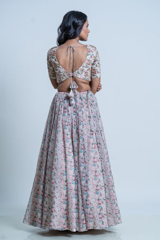 FLOWER PRINTED LEHNGA WITH SILK HAND EMBROIDERED DUPATTA