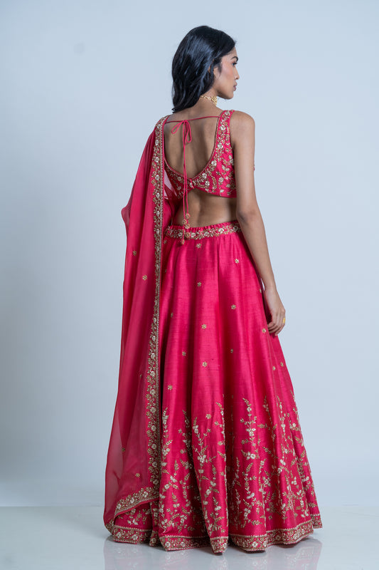 RAW SILK HAND EMBRIDERED LEHENGA WITH EMBROIDERED DUPATTA