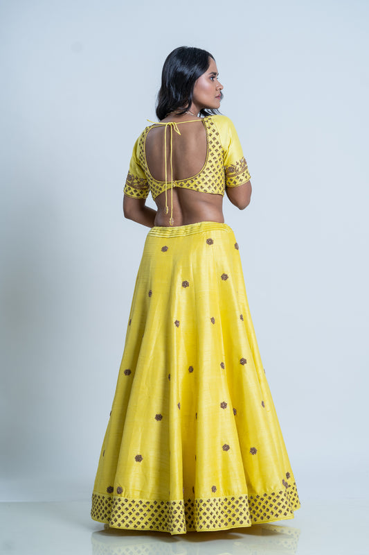 RAW SILK HAND EMBRIDERED LEHENGA WITH EMBROIDERED DUPATTA