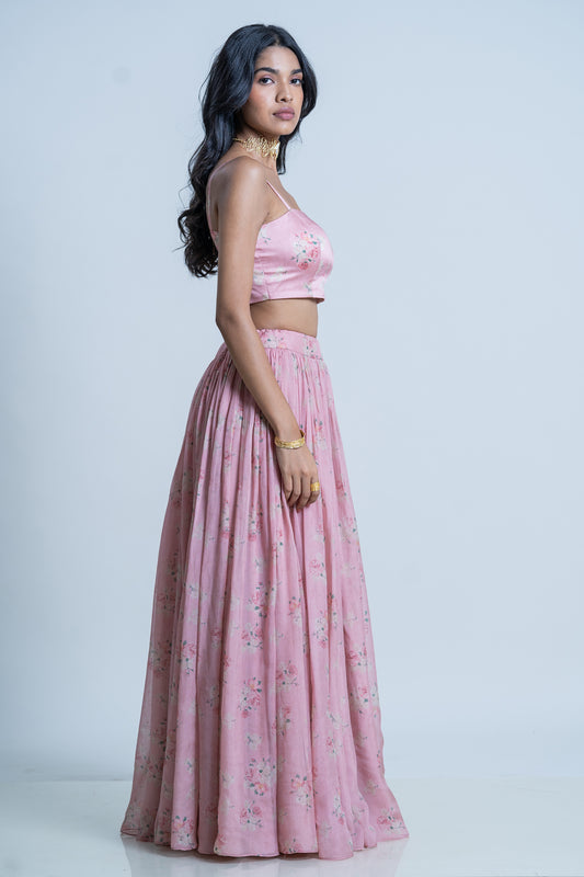 FLOWER PRINTED LEHNGA WITH SILK  DUPATTA
