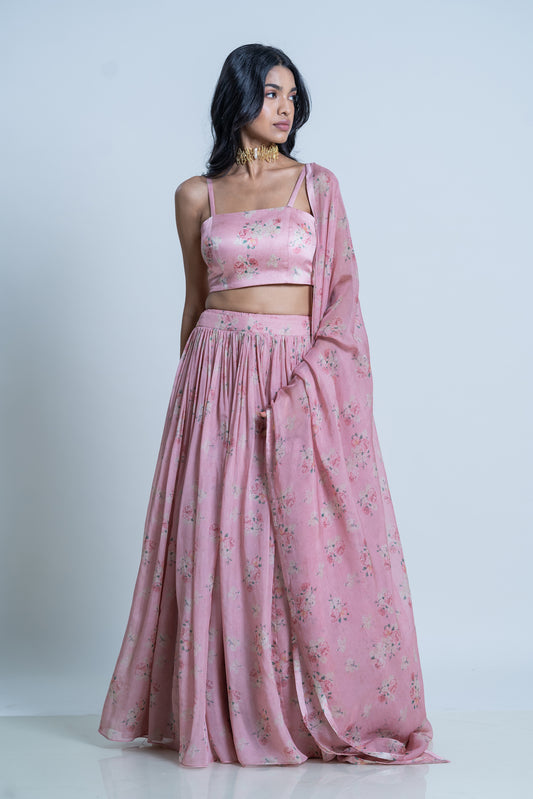 FLOWER PRINTED LEHNGA WITH SILK  DUPATTA