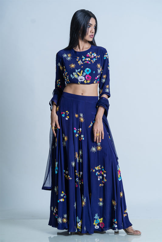Blue Sharara With Crop Top And Dupatta - Sapphire Hydrangea Sharara set