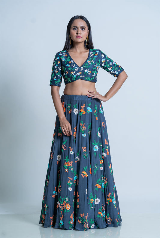 Sea Serpent Coloured Fully Embroidered Lehenga Set - Sea Serpent Dandelion Lehenga set