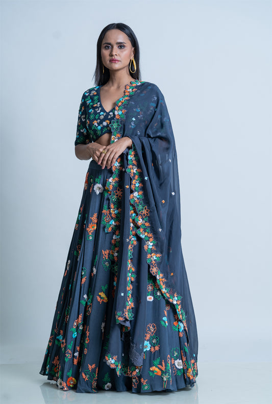 Sea Serpent Coloured Fully Embroidered Lehenga Set - Sea Serpent Dandelion Lehenga set