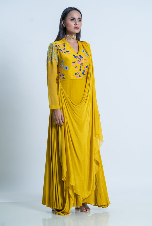 Mustard Victorian Embroidered Drape Dress With Pants - Mustard Calendula Drape dress