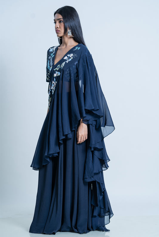 Indigo Sharara With Embroidered Crop Top And Silk Ruffle Dupatta - Indigo Verbena Sharara set