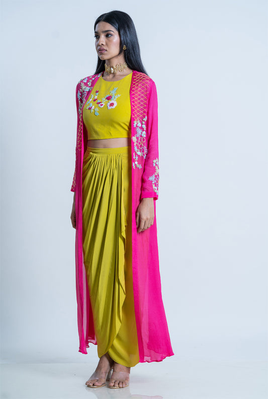 Mustard Ruffle Skirt With Crop Top And Bead Embroidered Hot Pink Cape - Tuscany Daffodil Co-ord