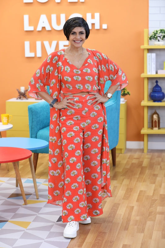 Mandira Bedi in our Orange cape Co-ord set